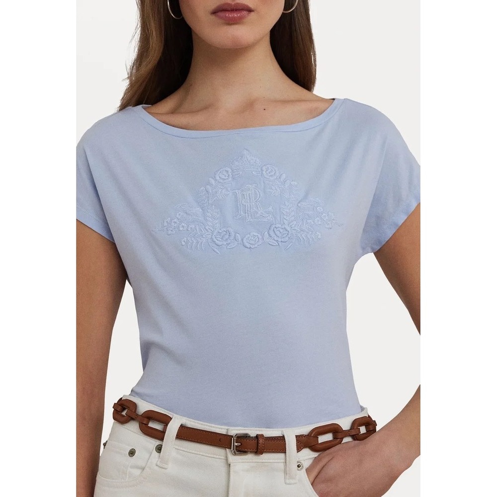 Lauren Ralph Lauren Embroidered Crest Cotton Tee Light Blue XL NWT